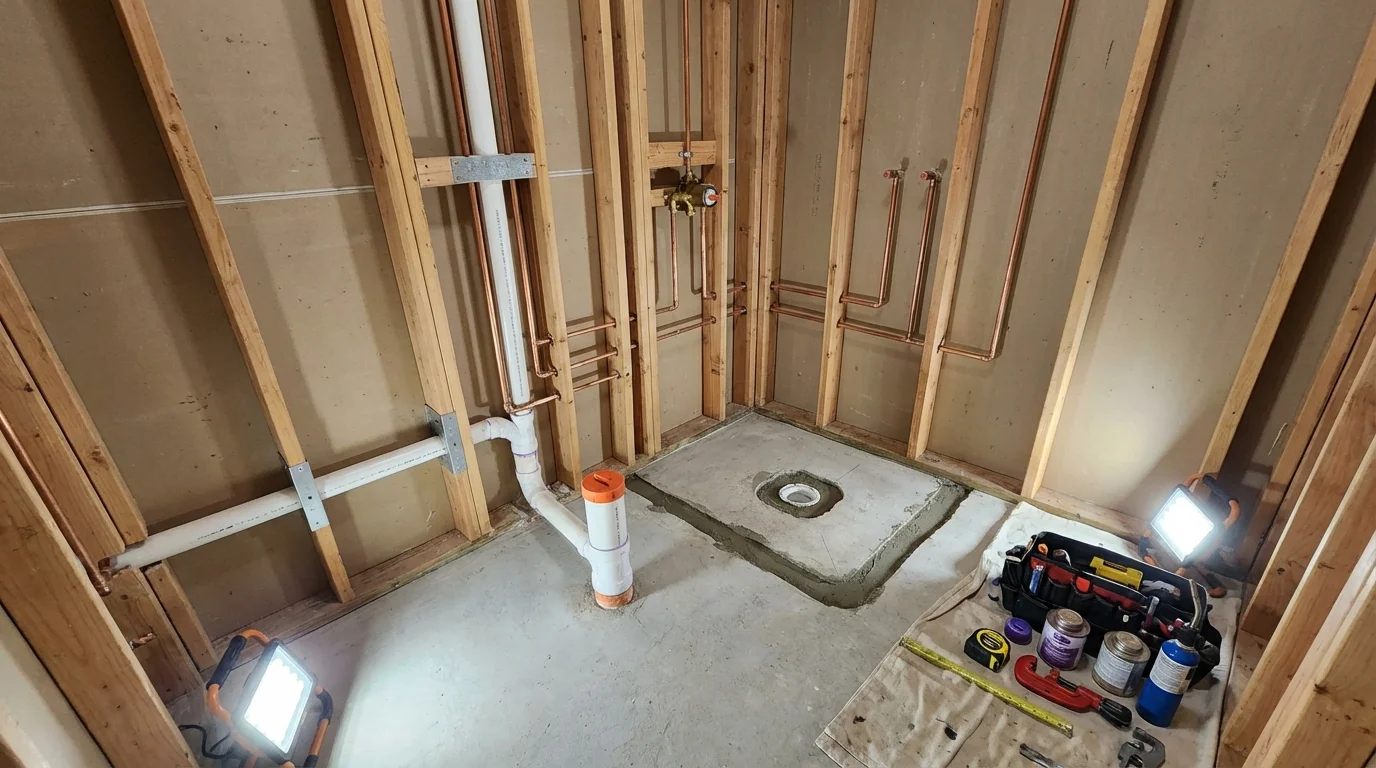 Bathroom rough-in plumbing during remodel by Johns Plumbing LLC in Macomb