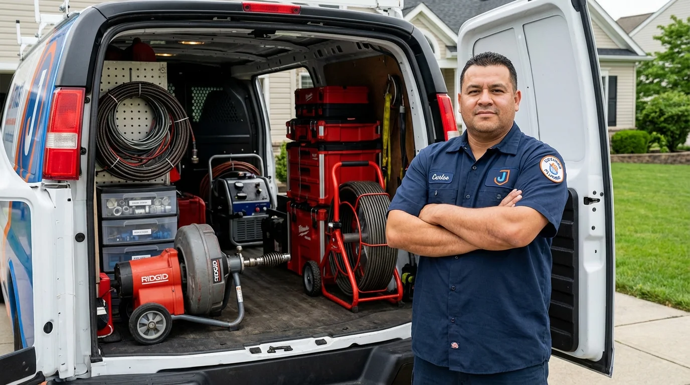 Professional drain cleaning equipment and Johns Plumbing LLC plumber in Macomb