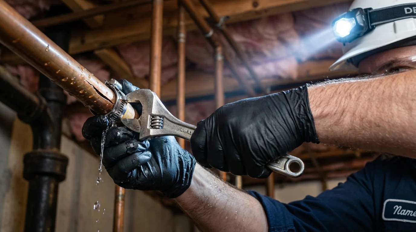 Emergency pipe clamp repair being performed by a Johns Plumbing LLC plumber in Macomb