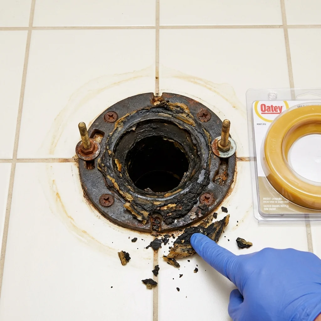 Failed wax ring showing water seepage at the base of a toilet in a Macomb, IL home
