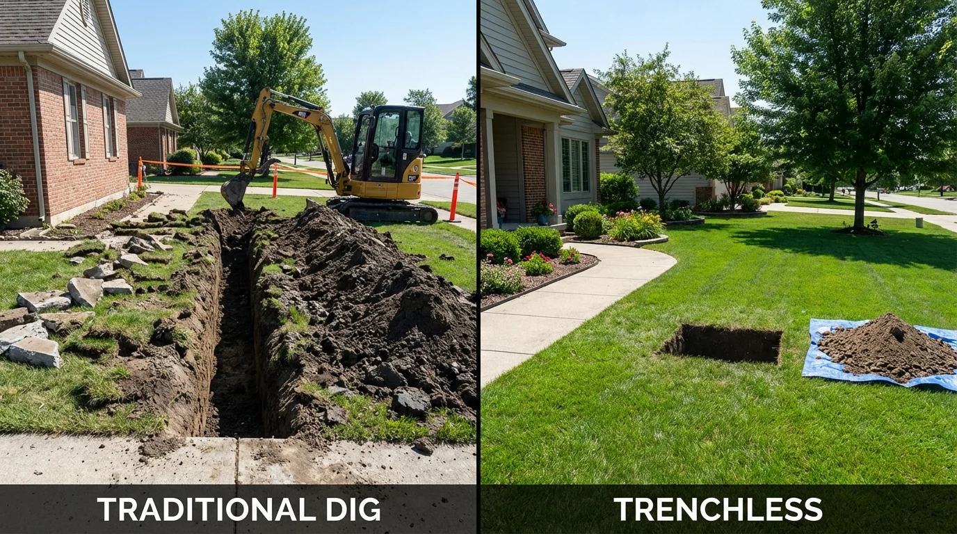 Trenchless sewer repair with minimal yard damage versus traditional excavation in Macomb, IL