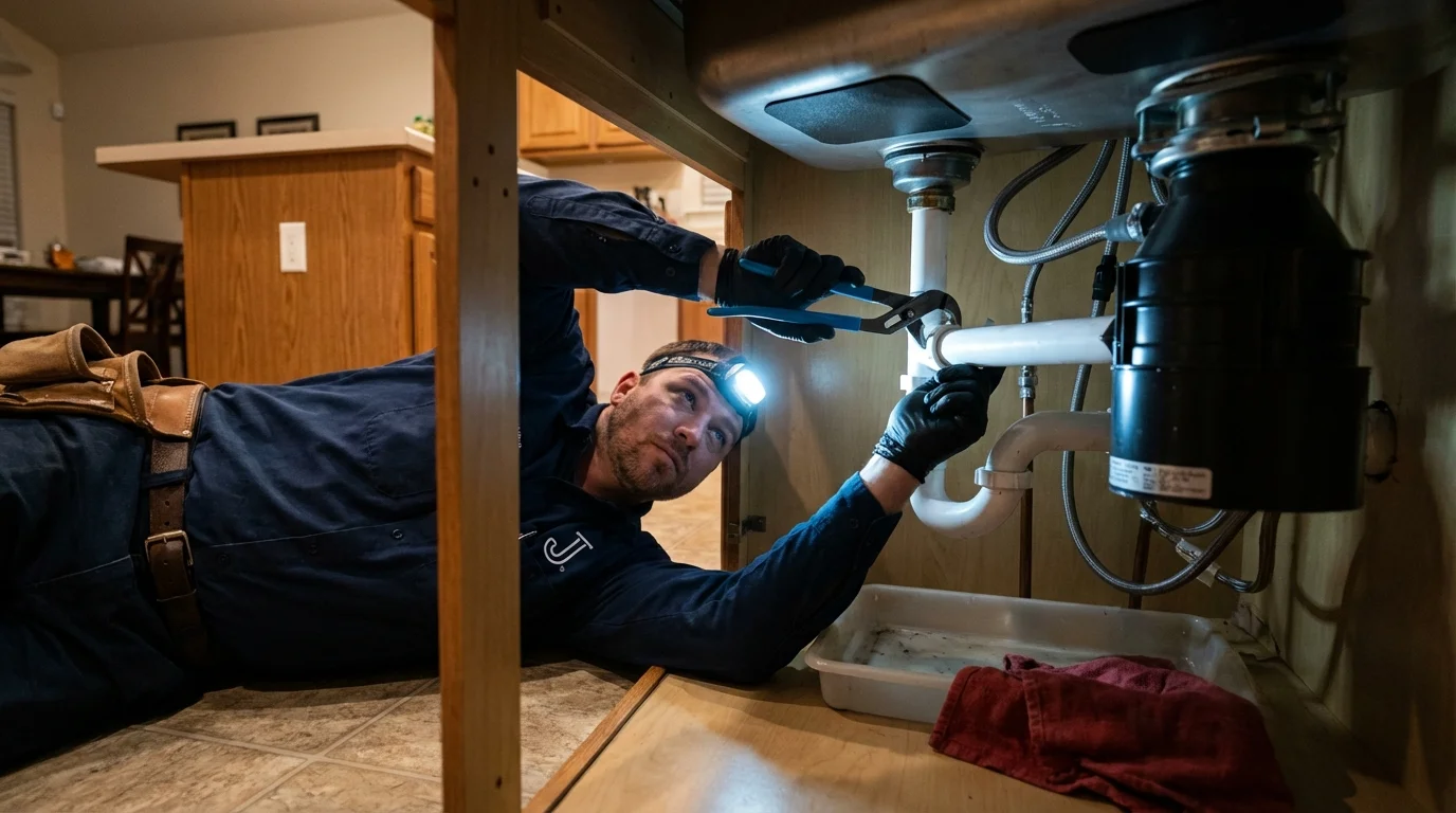 P-trap and supply line connections under a kitchen sink showing a common leak point in Macomb, IL